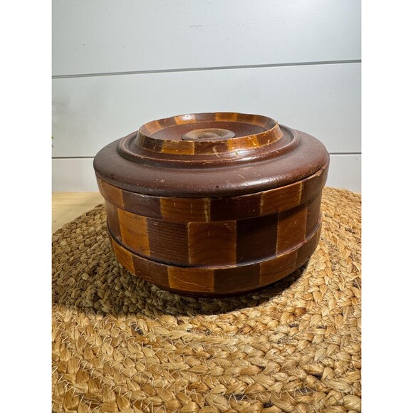 VTG California Redwood Forests Lidded Round Storage Sewing Box-MCM Retro - Picture 1 of 12